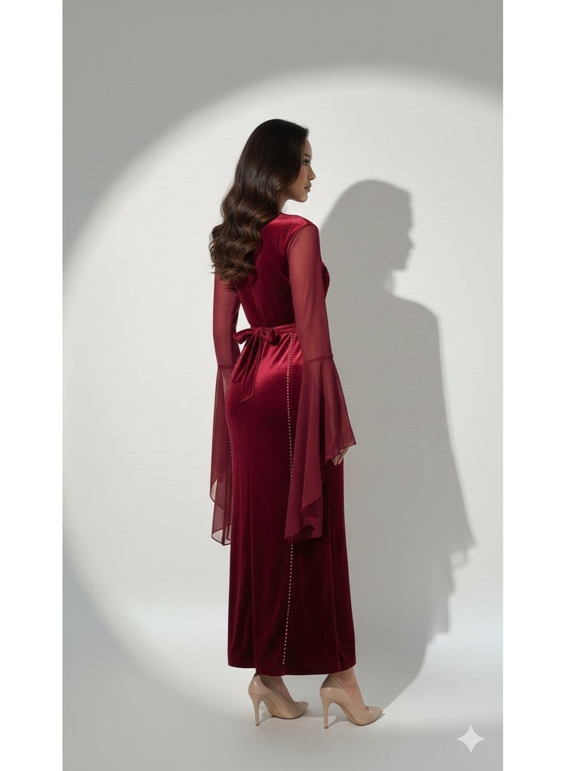 مانيكان فستان نسائي - بياقة على شكل حرف V، بكم طويل، بتصميم طويل - تصميم أنيق مناسب للخروج والمناسبات مع قصة مريحة - Image 2